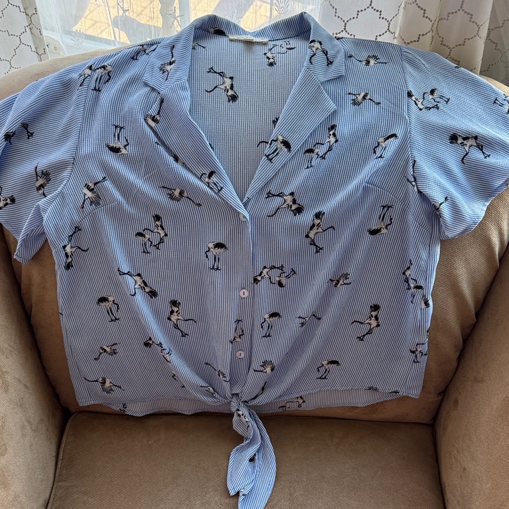 Monteau Striped Blue Blouse with Bird Design
